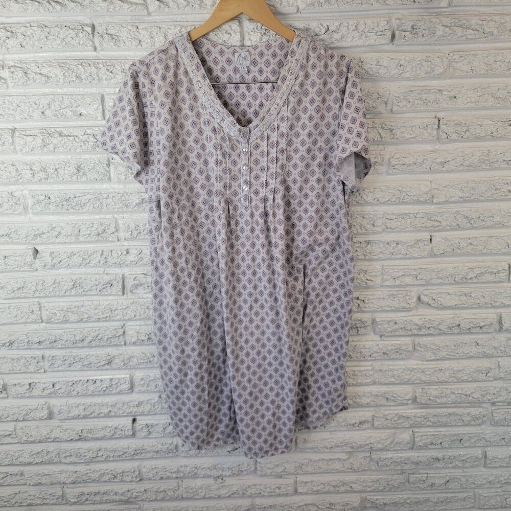 Aria Women's 1X Plus Nightgown Blue Geometric Lace Trim V-Neck GEO234E
